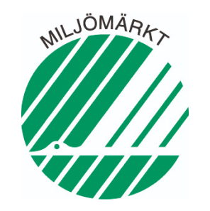 Milj&ouml;m&auml;rkt logotyp: Cirkel med gr&ouml;n- och vitrandiga linjer som bildar en flygande abstrakt f&aring;gel.