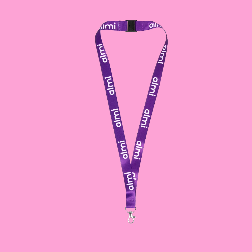 Lila nyckelband med Almi-logga.